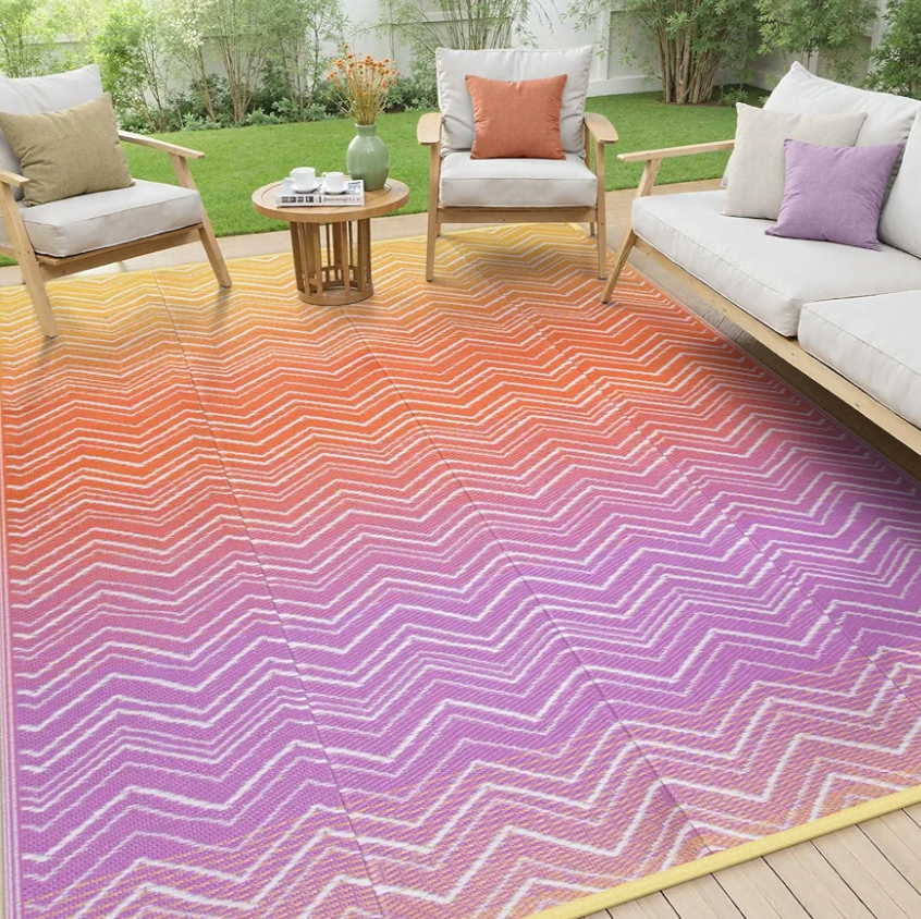 Lahome Waterproof Outdoor Rug 8x10, Reversible Outdoor Plastic Straw Rug for Patios, Outside RV Mat Carpet for Deck Porch Backyard Balcony Picnic Trailer (Orange/Purple, 8' x 10')