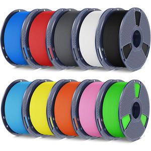 SUNLU PETG Filament 1.75mm, 10KG Bundle, Less Stringing, Good Layer Adhesion, 1kg per Spool, Pack of 10, 10 Colors, Black+White+Grey+Red+Orange+Pink+Sky Blue+Green+Yellow+Blue