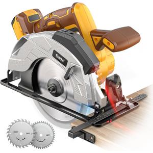 Ecarke 7-1/4" Cordless Circular Saw, Compatible with DeWalt 20V Battery (Bare Tool), 5000 RPM Electric Circular Saw with Laser Guide, 2 Blades (24T & 40T), 045 Bevel, 2-1/4" Cutting Depth (Yellow & Brown)