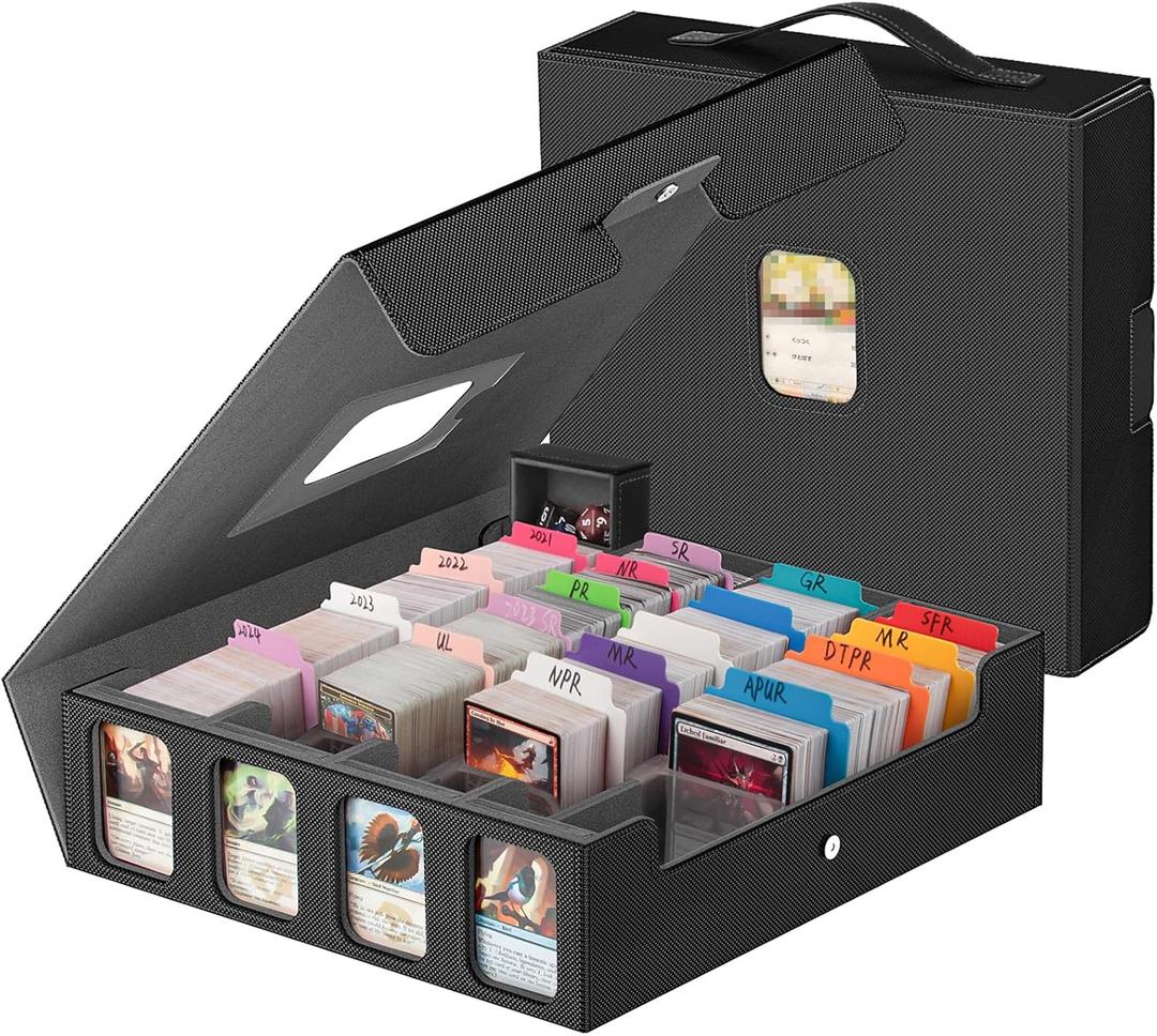 3200+ Trading Card Storage Box with Commander Display, 4 Row Card Deck Box with Portable Handle, Compatible for TCG/MTG/Magic Cards, 30 Colorful Divider, 8 Supporters, US Design Patent (Black&Grey)