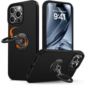 XYZ for iPhone 15 Pro Max Case with Stand [Rotatable 360 Soft Ring Holder], Premium Silicone with [Soft Anti-Scratch Microfiber Lining] Phone Cover for Men Women Girls 6.7 Black