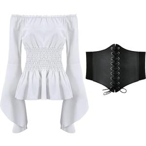 Womens Renaissance Blouse Tops Corset Waist Belt Medieval Victorian Off Shoulder Long Sleeve Shirt Pirate Cosplay Costumes (Small)