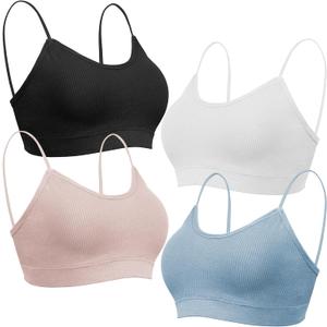 KCDDUMK 4 Pieces Cami Bras - Women's V-Neck Padded Seamless Straps Bralette Everyday Basic Sleeping Bra (X-Large, Black, White, Blue, Pink)