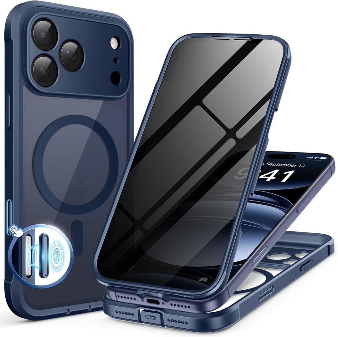 BERFY for iPhone 17 Pro Max Case, Compatible with MagSafe, Built-in Privacy Screen Protector and Camera Protection, Anti-Spy Full Body Shockproof Clear Phone Case for 17 Pro Max 6.9", Deep Blue