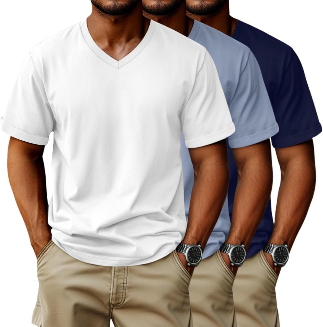 Evervibe 3 Pack Big and Tall Cotton T-Shirts for Men, Short Sleeve V Neck Oversized Tops Casual Summer Basic Plus Size Tees(Navy Blue, White, Light Blue, Large)