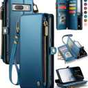 Defencase Compatible with Google Pixel 8 Case, RFID Blocking Wallet Case Suitable for Google Pixel 8 Fashion PU Leather Magnetic Flip Zipper Strap Card Holder Phone Case for Women and Men, Lake Blue