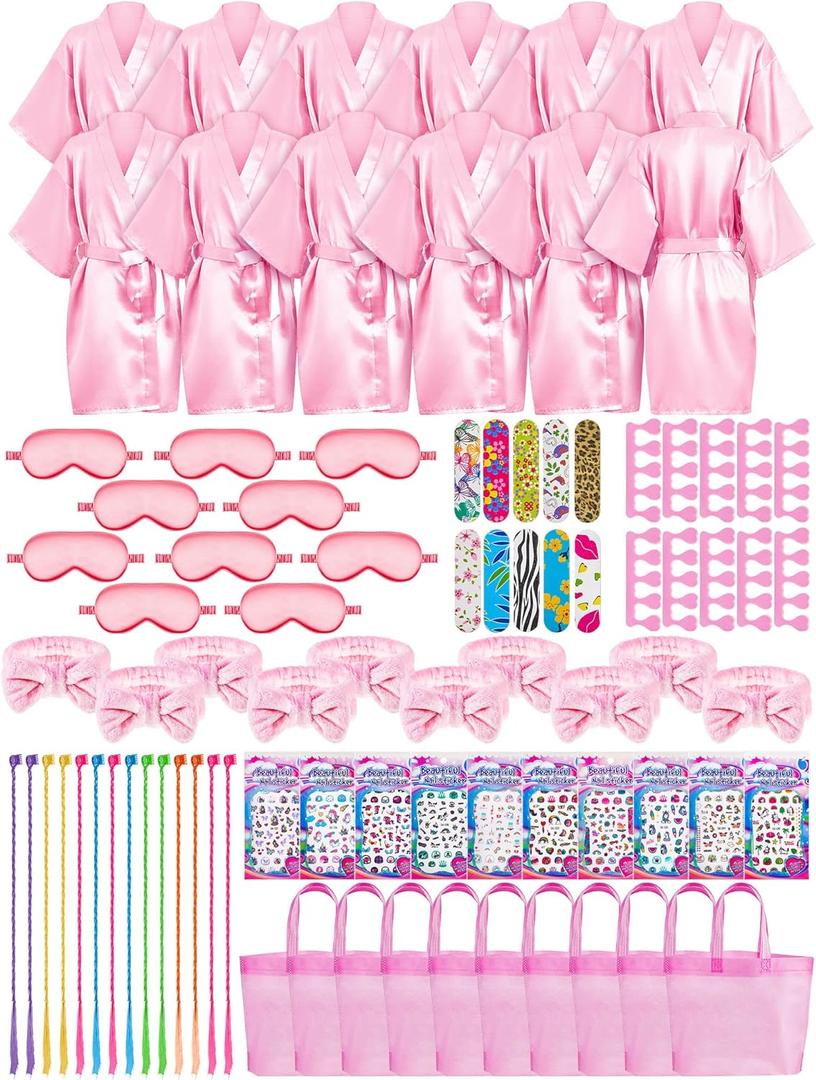 Xuhal 92 Pcs Spa Party Favors for Girls Slumber Party Supplies Kids Satin Robes Sleepover with Gift Bags for Girl Kids Birthday Gifts Total 10 Sets(Pink,12)
