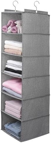 tulinstiraga Large Hanging Sweater Organizer for Closet,Collapsible 6-Shelf Hanging Closet Shelves with Drawers, Washable (Grey-6 Shelf)