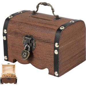 Vintage Piggy Bank Wood Treasure Chest with Lock and Key, 5.7 Inch Small Wooden Box Money Bank Saver for Wedding Birthday Favor