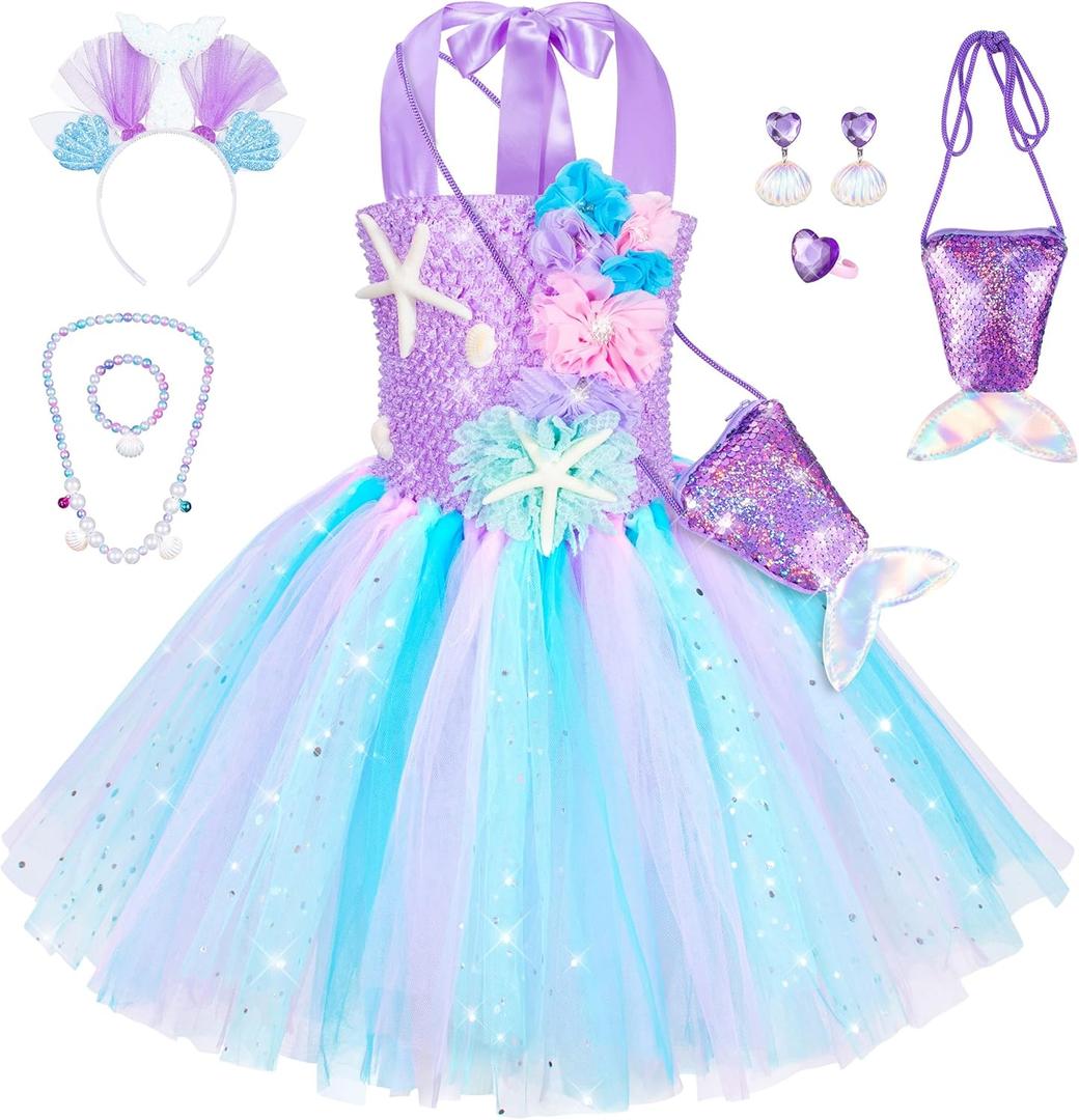 Little Mermaid Tutu Dress for Girls - Princess Mermaid Ariel Costume with Accessories (3-4 Years, Light Purple)