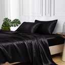 MR&HM Satin Bed Sheets, Twin XL Size Sheets Set, 3 Pcs Silky Bedding Set with 15 Inches Deep Pocket for Mattress(Twin XL, Black) (01- Black)