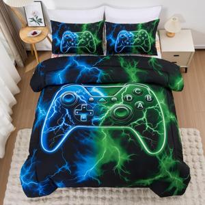 Meeting Story Gaming Bedding Sets Full Size Red and Blue Gamer Comforter Set for Boys Girls Soft Fluffy 3D Cool Video Game Kids Bed in A Bag for All Seasons(Bluegreen)