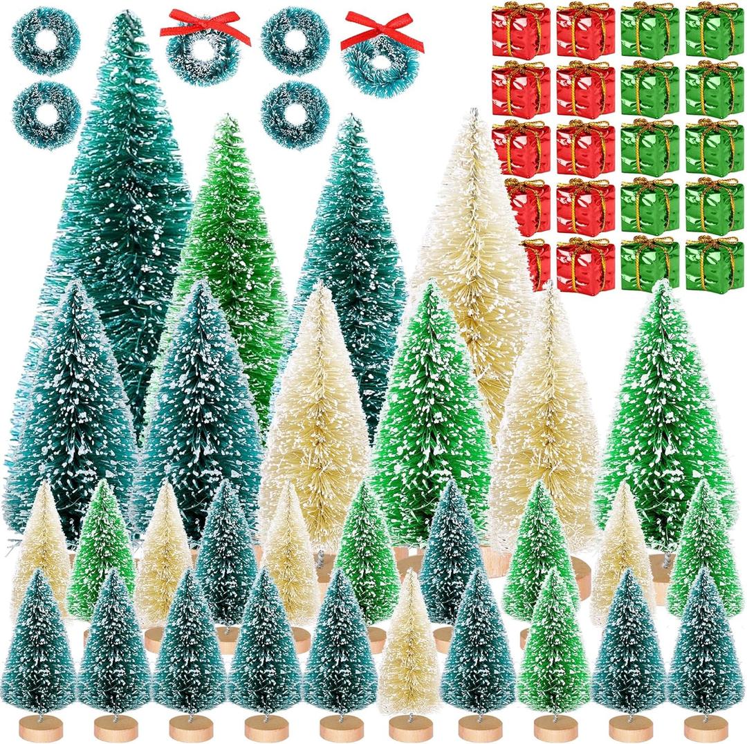 Iceyyyy 56 Pcs Artificial Mini Christmas Trees Set - Miniature Sisal Frosted Christmas Trees Bottle Brush Trees for DIY Crafts Home Table Top Decor (Blue Green&Light Green&Yellow Green)