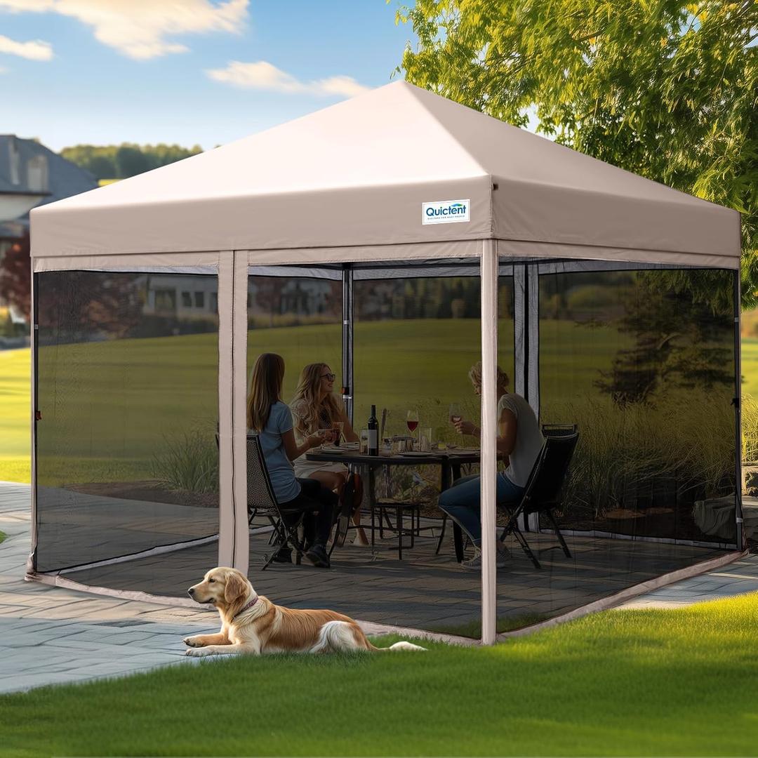 Quictent 10'x10 Pop up Screened Canopy Tent with Mosquito Netting, Portable Easy up Outdoor Screen House Shelter Fully Sealed for Patio, Camping and Picnic, Includes Wheeled Carry Bag (Tan)