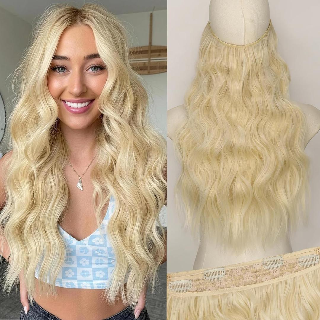 KooKaStyle Invisible Wire Hair Extensions with Transparent Headband Adjustable Size 4 Secure Clips Long Wavy Secret Wire Hairpiece Light Blonde (Neutral Cream Tone) 20 Inch for Women