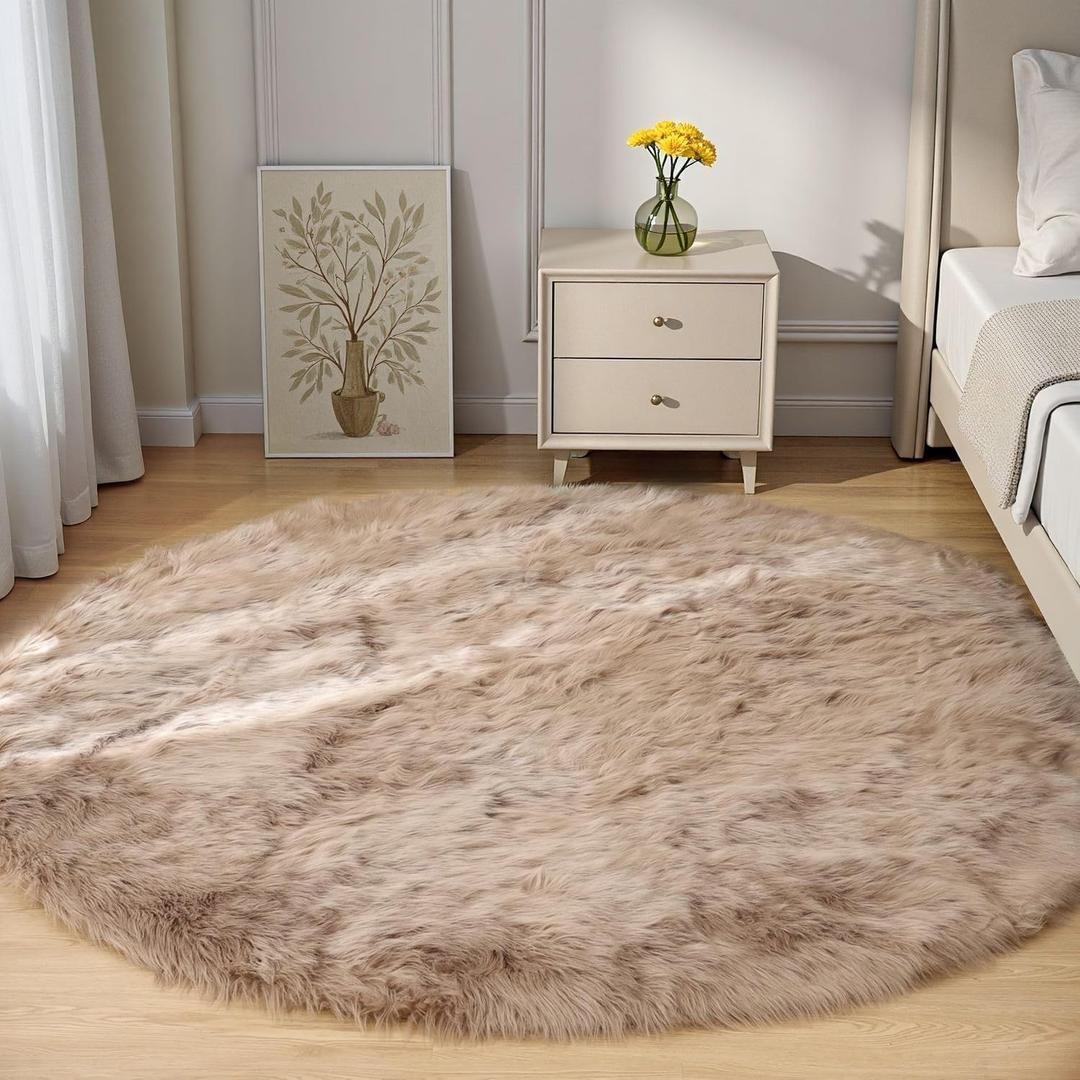 Goolela Circle Area Rug 6ft - Light Brown Beige - Round Fluffy Fuzzy Faux Fur Sheepskin Rug for Bedroom Living Room Furry Shaggy Washable