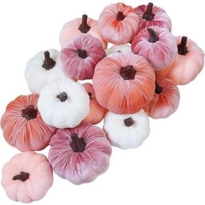Winlyn 16 Pcs Assorted Artificial Velvet Pumpkins Blush Coral Pink Peach Cream Decorative Fabric Foam Pumpkins for Fall Wedding Baby Shower Thanksgiving Pastel Halloween Wreath Table Dcor