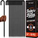 Happin® 24 Inch Rebar Stakes, J Hooks, Tent Stakes Heavy Duty Galvanized Garden Stakes – Trampoline Stakes, Chain Link Fence parts, Canopy, Lawn Decorations, Inflatables, Swing Set (J Shape – 16 Pack)