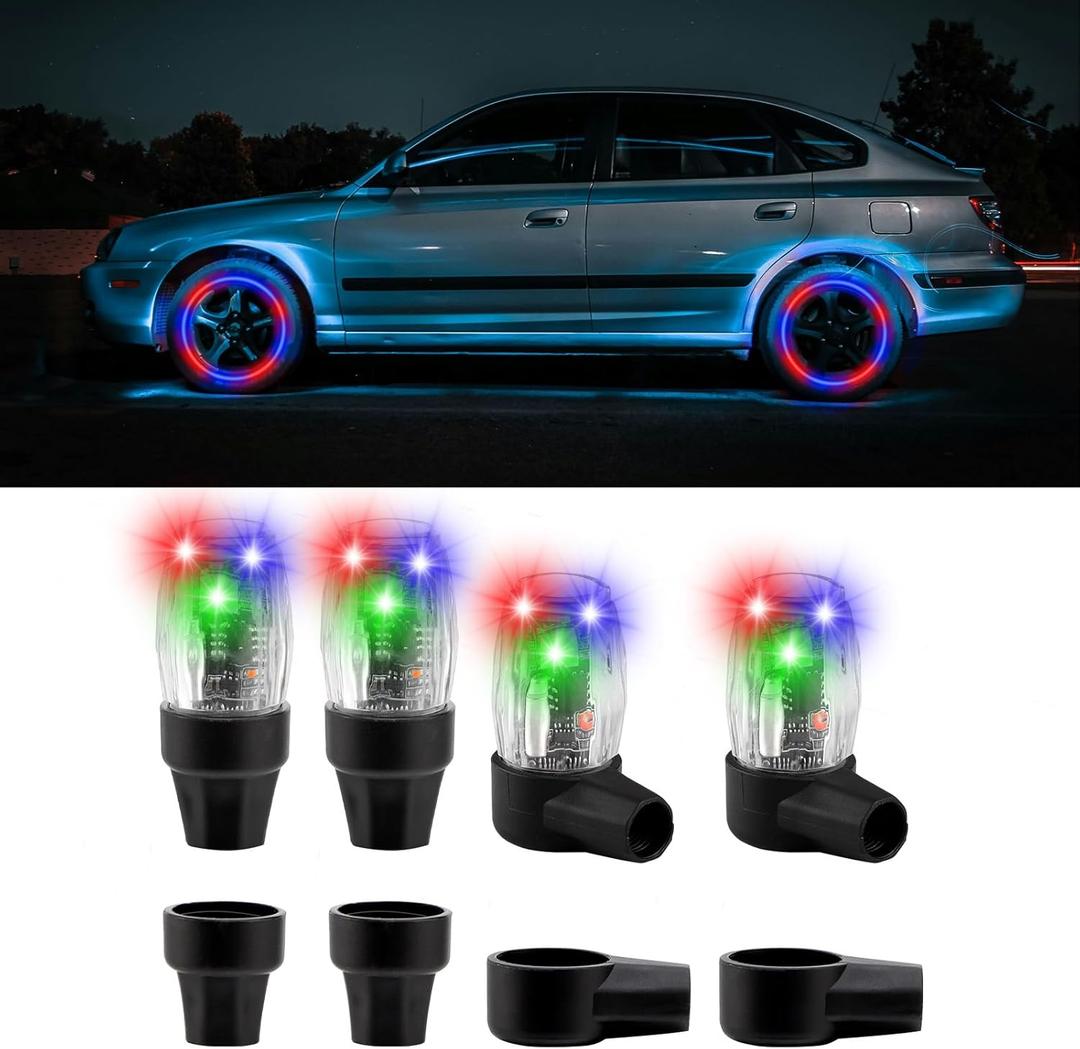 CARFIB 4 Pcs Car Tire Valve Lights LED Colorful Wheel Light Rechargeable USB Tire Vlave Stem Cap Flash Sensor Warning Lighting for Car Truck Bicycle Motorcycle Waterproof