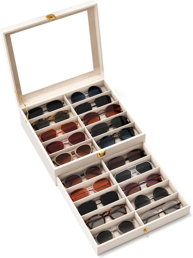 Sunglasses Organizer Storage Box - 20 Slots Eyeglass Display Case for Multiple Pair Glasses, 2-Layer Holder with Clear Glass Lid, Jewelry and Watch Collection Box for Women and Men, White