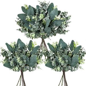 Winlyn 20 Pcs Mixed Artificial Oval Eucalyptus Leaves Bulk with White Seeds Stems and Spray for Vase Floral Wreath Bouquets Wedding Greenery Decoration