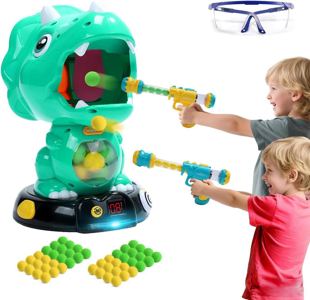 EagleStone Moveable Dinosaur Shooting Toys for Kids, Triceratops Dino Shooting Games with 2 Popper, 48 Balls, LCD Score Record, for Boys and Girls, Party Favor for Indoor and Outdoor (10b-green)