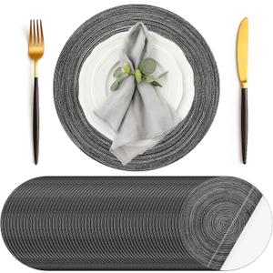 Geosar 100 Pcs Disposable Paper Placemats Cotton Woven Look 13'' Round Placemats Rustic Disposable Table Pads Bulk for Dining Table Decoration Birthday Wedding Bridal Baby Shower Party (Black)