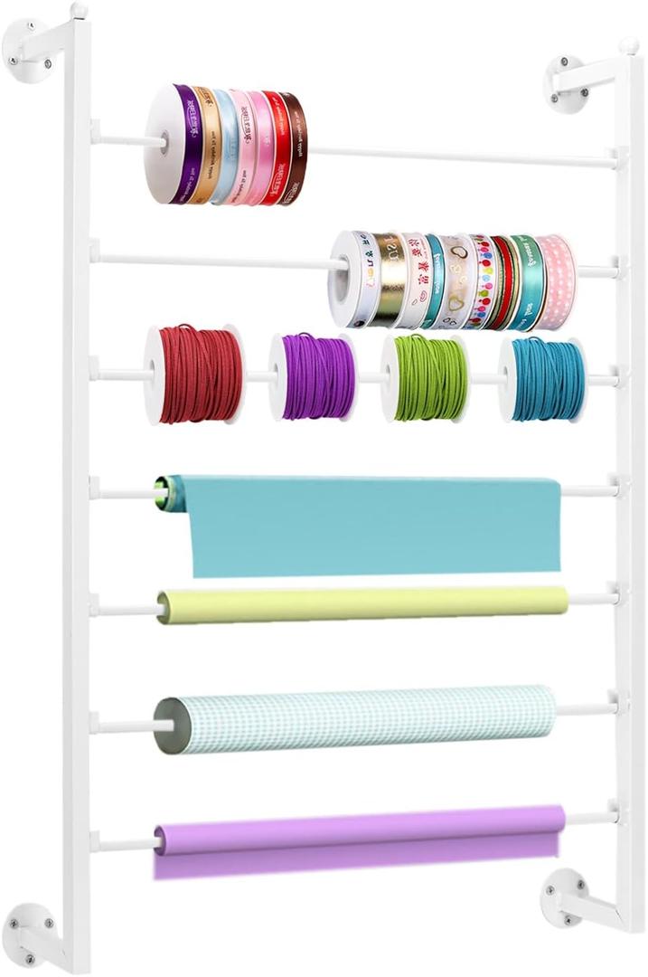 Yonynise Ribbon Storage Organizer,31.5-inch Width Wall Mounted Ribbon Holder Rack,7 Tier Large Capacity Metal Ribbon Storage for Craft Room,Flower Shop,Cake Shop,Gift Wrapping Paper,White