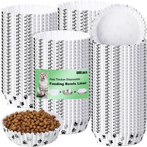 Meekoo 600 Pcs Large Pet Disposable Feeding Bowls Liner Bulk Cat Food Bowls Small Paper Dish Paper Liner for Small Dogs Cats Dish Wet Food Feeding Station(White,Paw)
