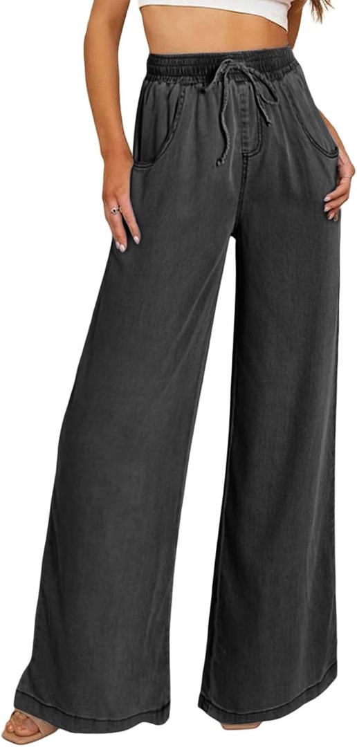 Sidefeel Women's Drawstring Wide Leg Jeans High Waisted Loose Fit Denim Pants (4, Black)