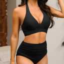 Halter V Neck Push Up Swimsuit Padded High Waisted Ruched Bottom Two Piece Bikini Set Bathing Suit for Women (Black)