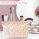 Aesthetic Makeup Bag Cotton, Quilted Floral Make up Bags, Travel Toiletry Bag Women, Daily Use Cosmetic Bags for Girls, Pink Makeup Bag for Purse, Cosmetics Organizer Pouch (Pink)