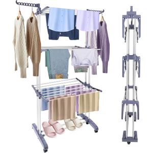 Clothes Drying Rack Foldable Drying Rack Clothing,Oversize 4 Tier(70" High) Clothes Horses Stainless Steel Laundry Drying Rack with Collapse Base& 24 Poles for Clothing&Bed Linen,Gray