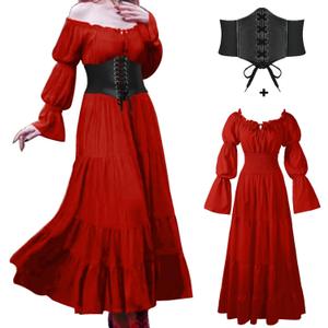BITSEACOCO Halloween Renaissance Dress for Women, Medieval Victorian Gothic Pirate Peasant Witch Costume Irish Fairy Dresses (Medium, Wine Red)
