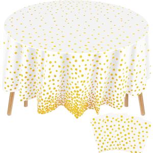 Newwiee 4 Pcs Round Dot Tablecloth 84 Inch Plastic Polka Dot Table Cover Disposable Confetti Tablecloths for Thanksgiving Christmas New Year Wedding Birthday Party Decor (White,Gold)