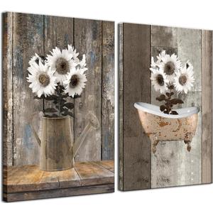 2 pcs Framed Rustic Farmhouse White Sunflowerf Canvas Wall Art Vintage Flower Wood Grain Bathtub Pictures Paintings Posters Prints Wall Decor for Bathroom Living Room Bedroom Hotel Artwork 16x24inch