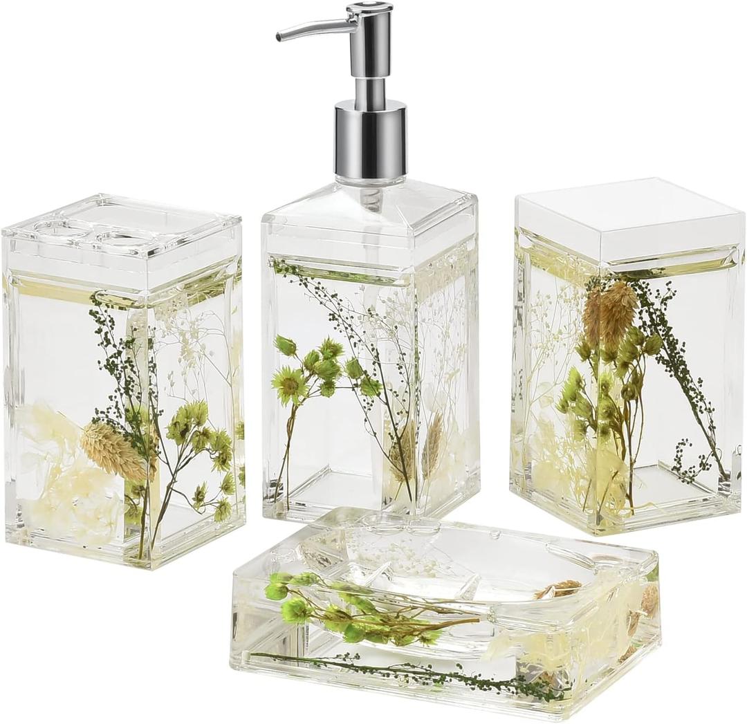Locco Decor 4 Piece Acrylic Liquid 4D Floating Motion Bathroom Vanity Accessory Set Garden Botanic Green Plants Toothbrush Holder, Tumbler, Soap Dispenser, Soap Dish