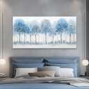 Forest Wall Art Blue and White Misty Trees Landscape Artwork 29"x58", 29L" x 58W"