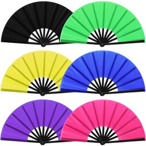 Blulu 6 Pcs Large Folding Fans for Line Dancing 13 Inch Fans Big Silk Clack Popping Make Loud Sound for Music Party Decorations(Neon Color)