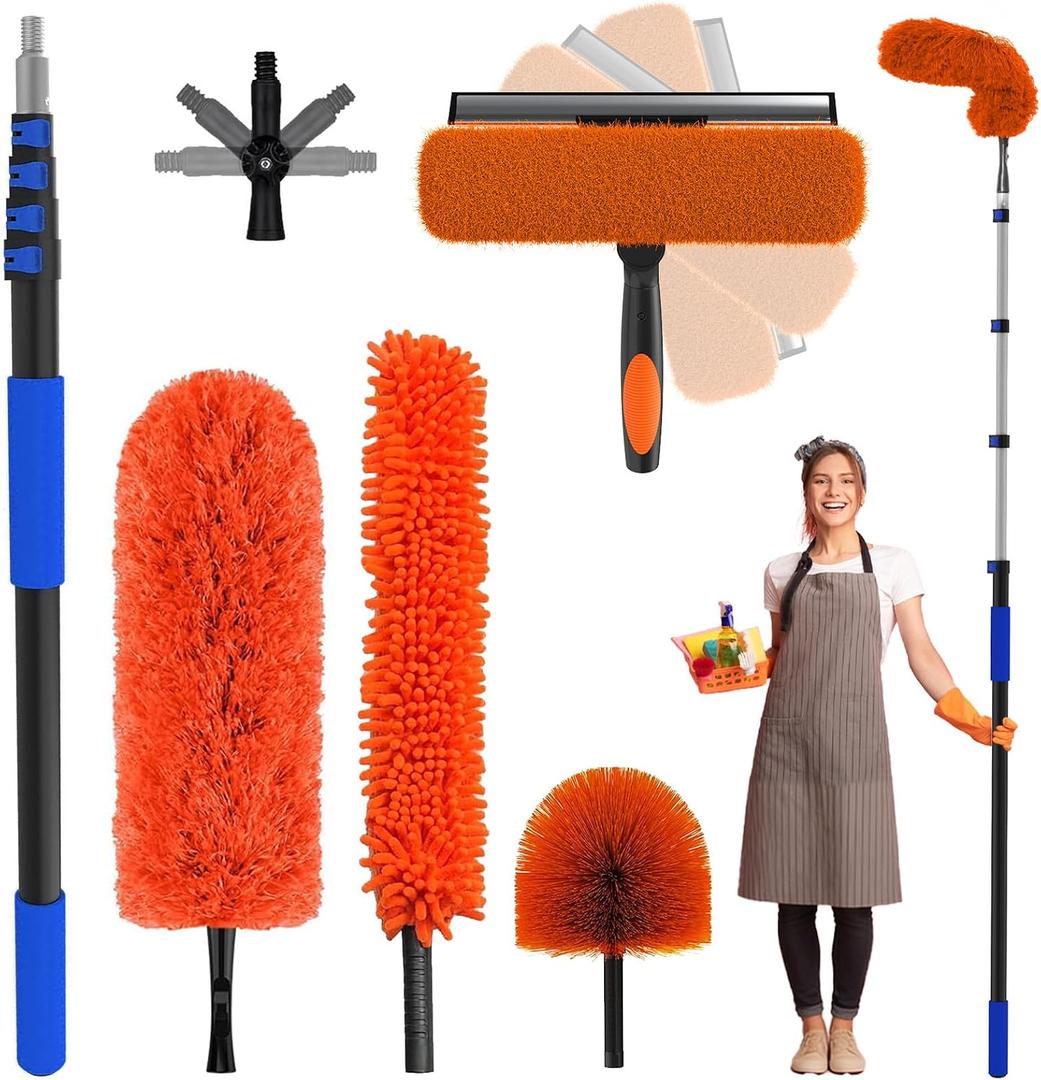 26 Foot High Reach Duster Kit with 5-19 ft Telescoping Extension Pole, High Ceiling Duster, Cobweb Duster, Window Squeegee, Feather Duster, Outdoor & Indoor Extendable Duster Cleaning Kit