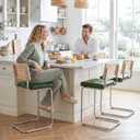 Zesthouse Natural Rattan Bar Stools Set of 2, Modern Counter Height Stools with Solid Wood Back, 26'' Counter Height Chairs, Mid Century Cantilevered Bar Chairs for Kitchen Island, Faux Leather Green