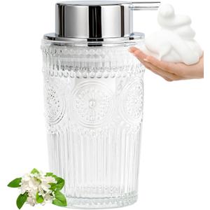 Glass Foaming Soap Dispenser - Foam Hand Soap Dispenser Bathroom, 10 OZ Clear Refillable Liquid Dispenser for Kitchen Dish Dispenser Foam Pump Silver