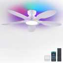 52 Inch Ceiling Fans with Lights and Remote/APP Control, Low Profile Ceiling Fans with Dimmable White + RGB Ring Lights, 6 Speeds 5 Curved Blades for Kids Room Bedroom Bar, White