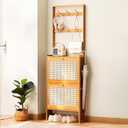 20" Narrow Shoe Cabinet with Coat Rack, 2-Tier Flip Drawer Wooden Shoe Organizer for Entryway, Hallway, Closet Natural, 6.7" Depth