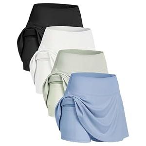 Real Essentials 4 Pack: Women's Ribbed Active Skort Pockets Skirt Running Tennis Golf Workout Sports, Large