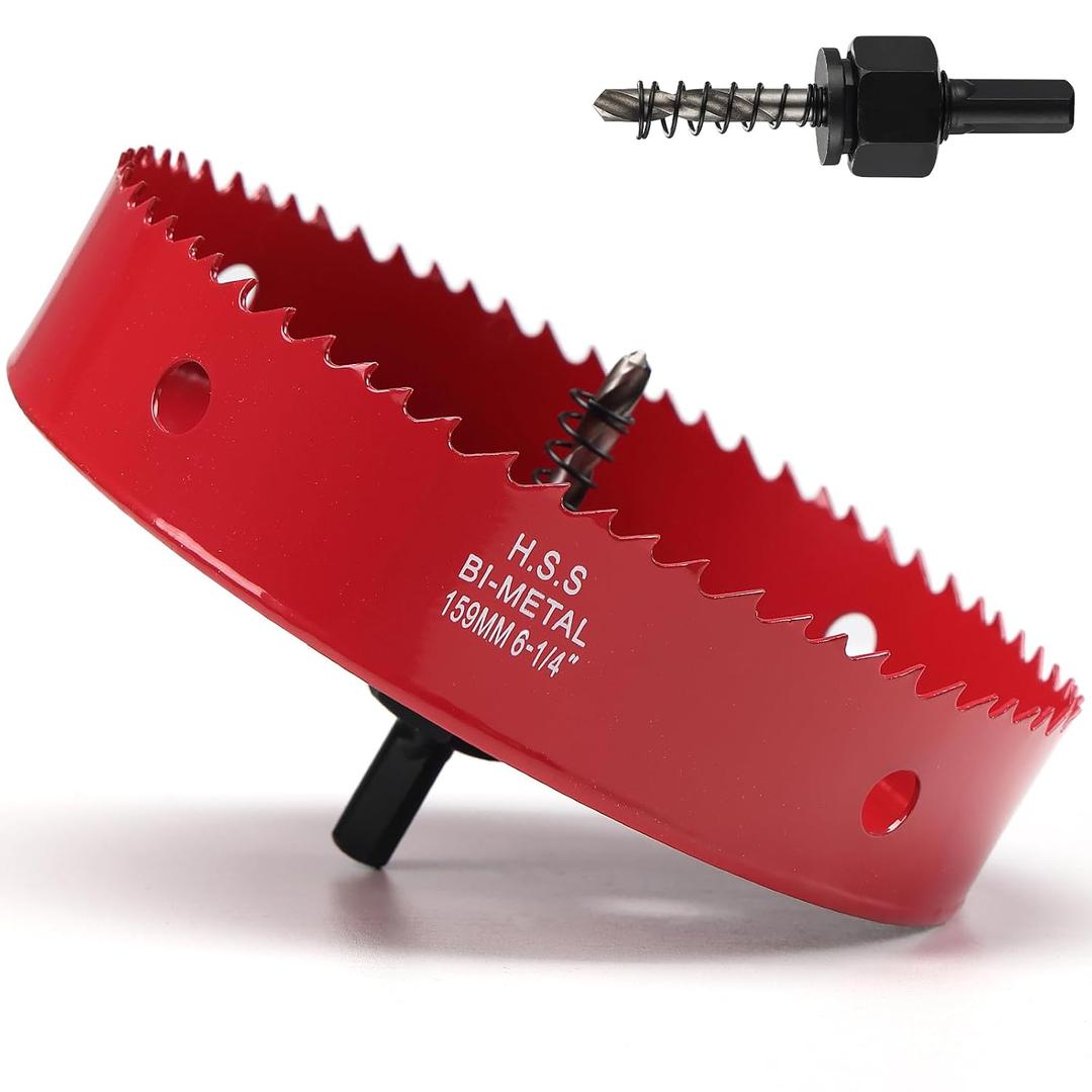 6-1/4 Inch Hole Saw for Recessed Lighting, 159mm HSS BI-Metal Hole Cutter for Wood, 32mm Cutting Depth Hole Cutter with Hex Shank Drill Bit Adapter for Cornhole Boards, Plastic Drywall, Fiberboard, Red