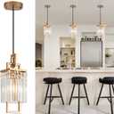 lighceac Modern Gold Pendant Light Fixtures for Kitchen Island and Dining Room, Industrial Small Hanging Crystal Chandelier Light Fixture for Bedroom Entryway Living Room Foyer Hallway 3-Pack