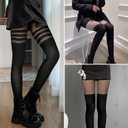 MANZI Womens Faux Thigh High Fishnet Stockings Stitching Opaque Pantyhose Mock Over the Knee Goth Striped Suspender Tights (Black)