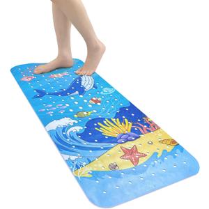 Cartoon Baby Bath Mat for Kids - 40x16 in Extra Long Non Slip Bath Mat with Suction Cups & Drain Holes, Machine Washable (Whale)