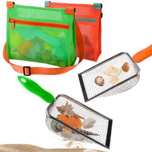 Beach Mesh Shovel with Mesh Shell Bags, Kids Filter Sand Scooper for Picking Up Shells,Shark Tooth Sifter Dipper for Boys and Girls,Beach Toys Accessories (Orange+Green)